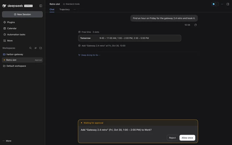 A chat that found three free slots on Friday and asks to add the Gateway 2.4 retro to Work, with Reject and Allow once buttons.