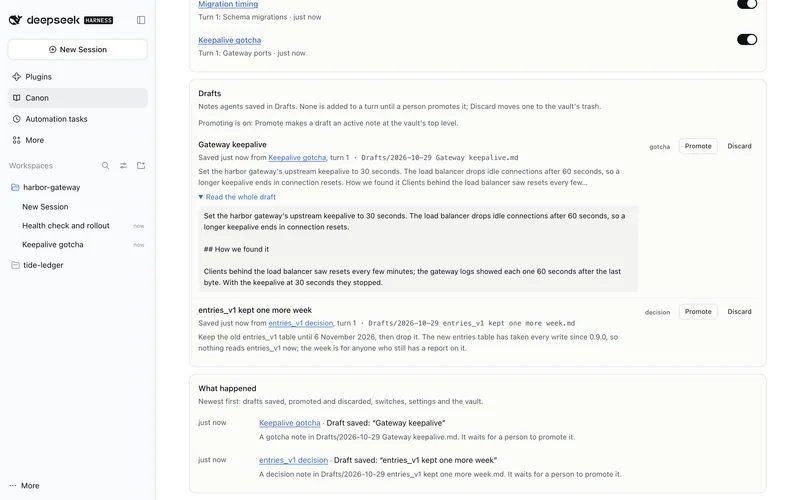 Two draft notes that agents saved, each with Promote and Discard buttons, and the What happened list below them.