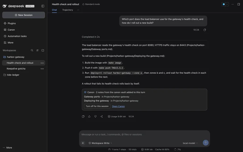 A chat about the gateway's health check and rollout, with Canon's card after the reply: 2 notes from the canon vault were added to this turn.