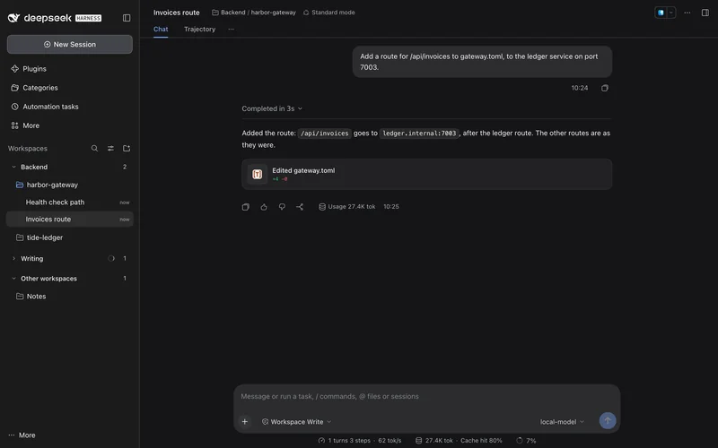 A chat, Invoices route, with the chip Backend / harbor-gateway at its top, and the session list under its category headers.