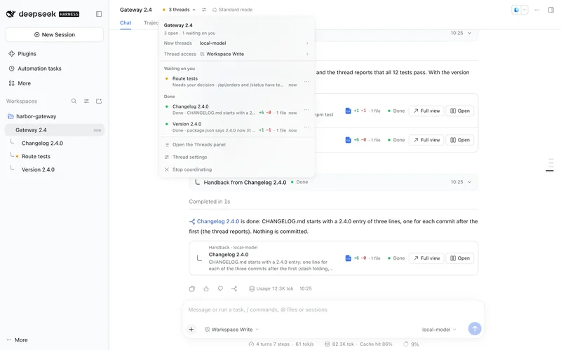 The threads menu of Gateway 2.4: one thread waits on you and two are done, with the model and the access for new threads, and Stop coordinating.