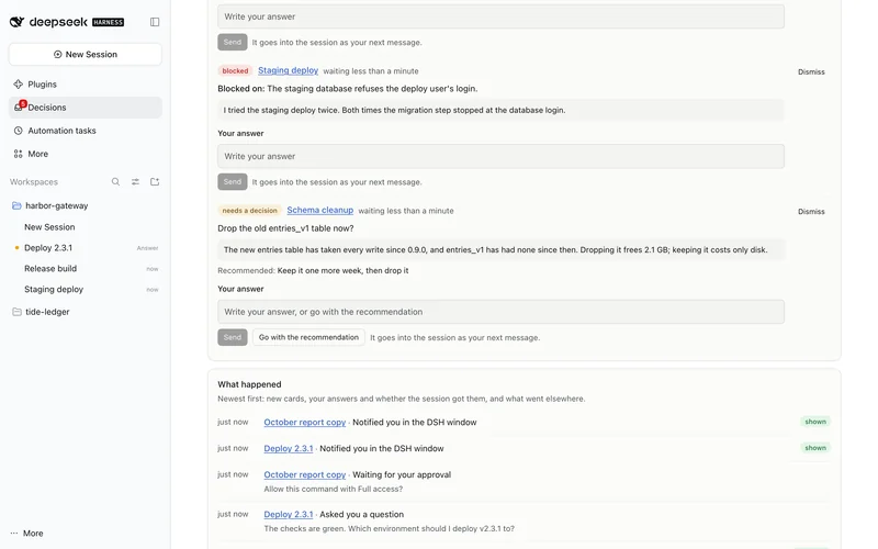 Two cards on the Decisions page: a blocked staging deploy, and a decision on dropping an old table, with the agent's recommendation and a Go with the recommendation button.