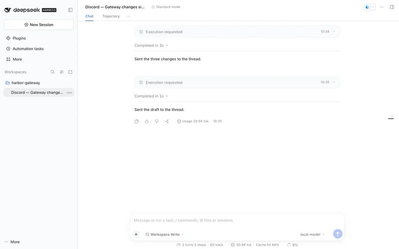 The thread's DSH session, named Discord — Gateway changes since 2.3, where each turn sent its answer to the thread.