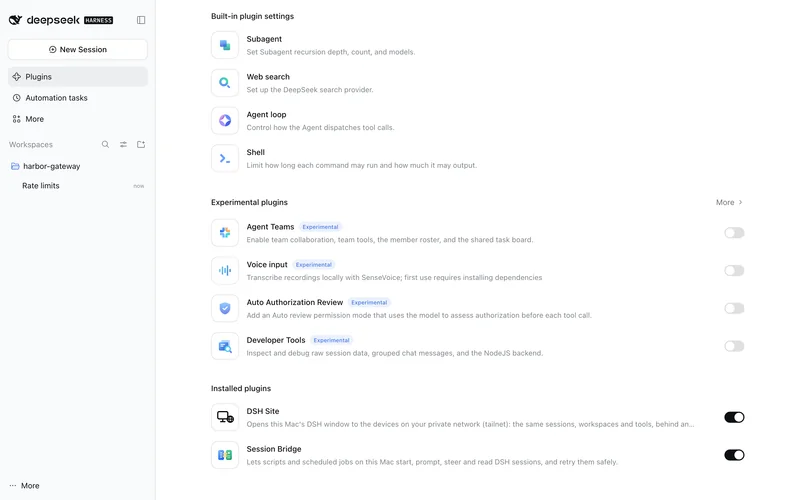 DSH's Plugins page with DSH Site switched on under Installed plugins.